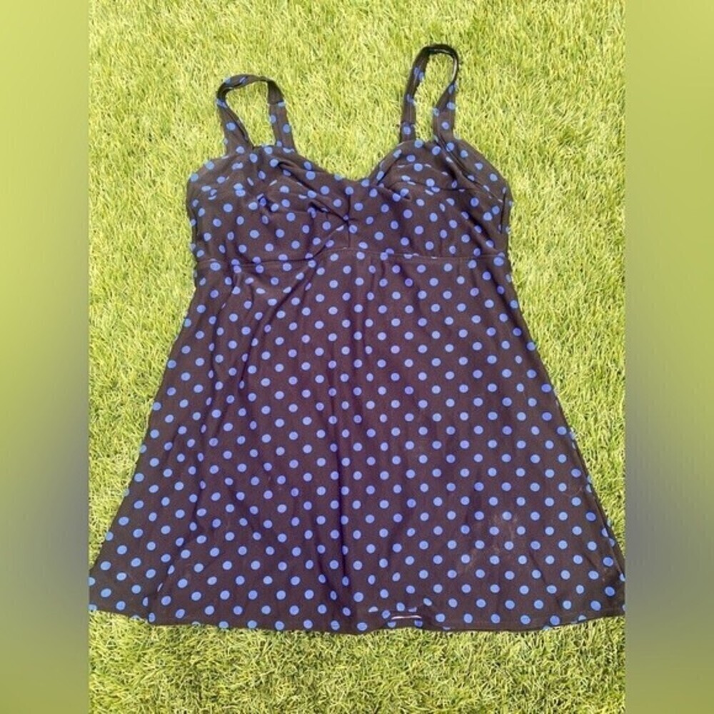 GABAR Size 14 One Piece Swimsuit blue and black polka dot slimming UGC